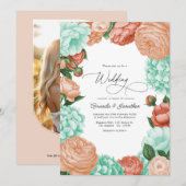 Soft Mint, Apricot & Warm Coral Floral Wedding Kaart (Voorkant / Achterkant)