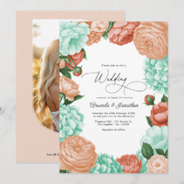Soft Mint, Apricot & Warm Coral Floral Wedding Kaart
