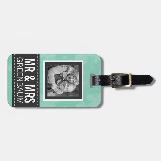 Soft Mint en Gray Mr. en Mrs. Persoonlijke foto Bagagelabel (Voorkant horizontaal)