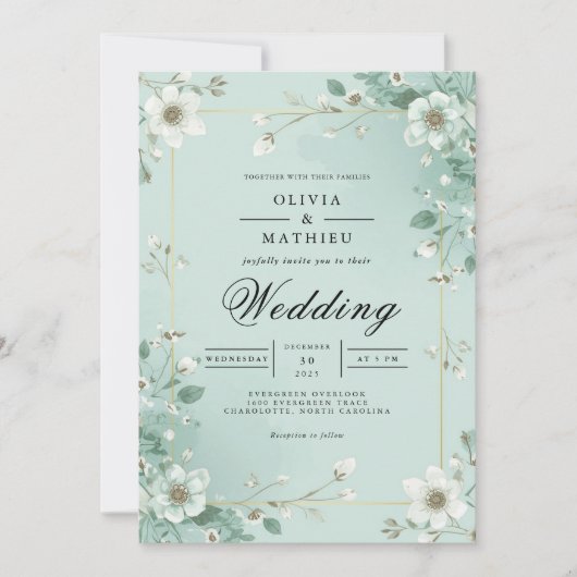 Soft Mint Floral Border Wedding Kaart (Voorkant)