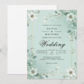 Soft Mint Floral Border Wedding Kaart (Voorkant / Achterkant)