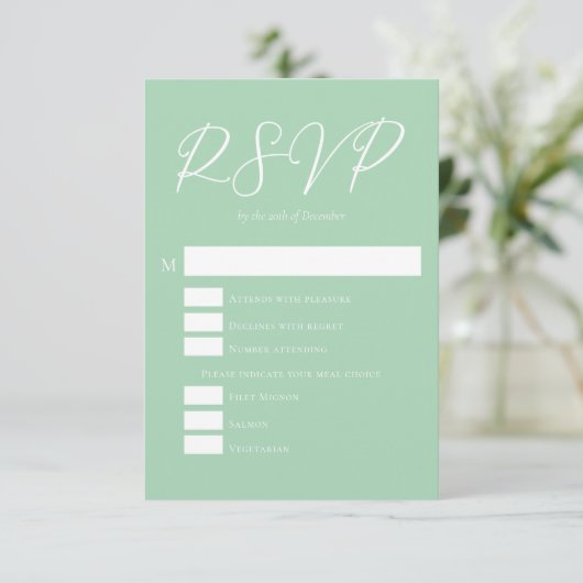 Soft Mint Green White Script Spring Wedding RSVP Kaartje (Staand voorkant)