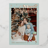 Soft Mint Retro Font Flares Photo Merry Christmas Folie Feestdagenkaart (Voorkant)