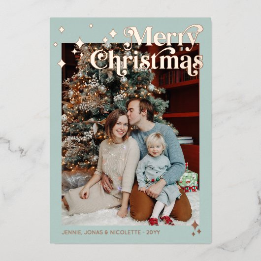 Soft Mint Retro Font Flares Photo Merry Christmas Folie Feestdagenkaart (Voorkant)