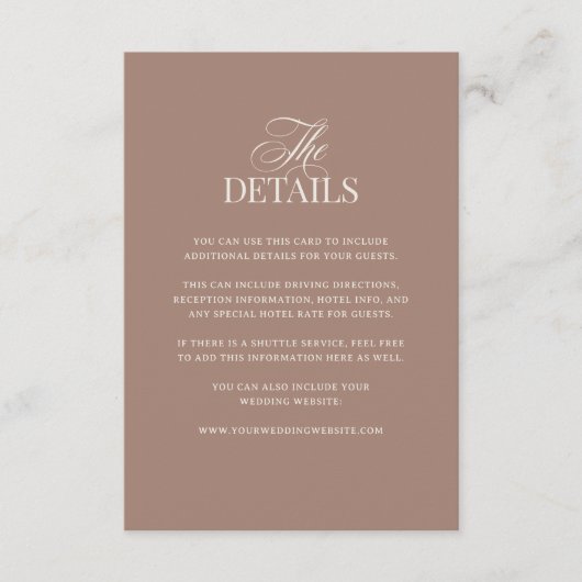 Soft Mocha Taupe | Luxe Wedding Guest Details Informatiekaartje (Voorkant)