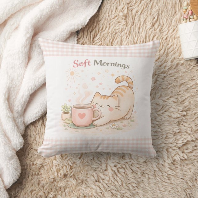 Soft Morning Cute Kitty Cat Pink Gingham Home  Kussen (Deken)