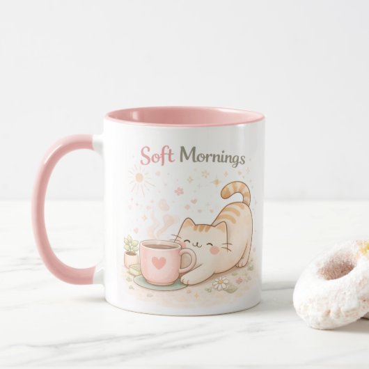 Soft Morning Kawaii Cute Cat Coffee Sweet Pink Mok (Met donut)