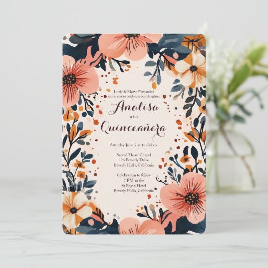 Soft Muted Floral Lijst Quinceañera CUSTOM Kaart (Staand voorkant)