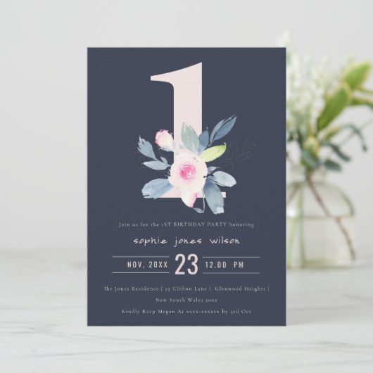 SOFT NAVY BLUSH BLUE FLORAL 1st ELKE LEEFTIJD BIRT Kaart (Staand voorkant)