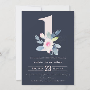 SOFT NAVY BLUSH BLUE FLORAL 1st ELKE LEEFTIJD BIRT Kaart