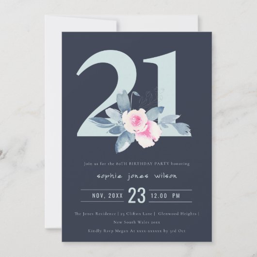 SOFT NAVY BLUSH BLUE FLORAL 21ST ELKE LEEFTIJD BIR KAART (Voorkant)
