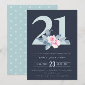 SOFT NAVY BLUSH BLUE FLORAL 21ST ELKE LEEFTIJD BIR KAART (Voorkant / Achterkant)
