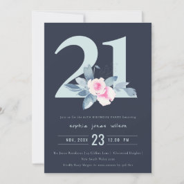 SOFT NAVY BLUSH BLUE FLORAL 21ST ELKE LEEFTIJD BIR KAART
