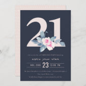 SOFT NAVY BLUSH BLUE FLORAL 21ST ELKE LEEFTIJD BIR KAART (Voorkant / Achterkant)