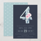 SOFT NAVY BLUSH BLUE FLORAL 4TH ELKE LEEFTIJD BIRT KAART (Voorkant / Achterkant)