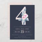 SOFT NAVY BLUSH BLUE FLORAL 4TH ELKE LEEFTIJD BIRT KAART (Voorkant / Achterkant)