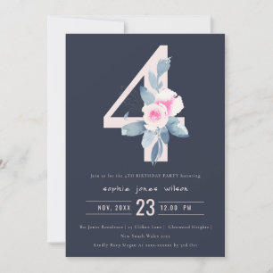 SOFT NAVY BLUSH BLUE FLORAL 4TH ELKE LEEFTIJD BIRT KAART