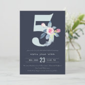 SOFT NAVY BLUSH BLUE FLORAL 5TH ELKE LEEFTIJD BIRT KAART (Staand voorkant)
