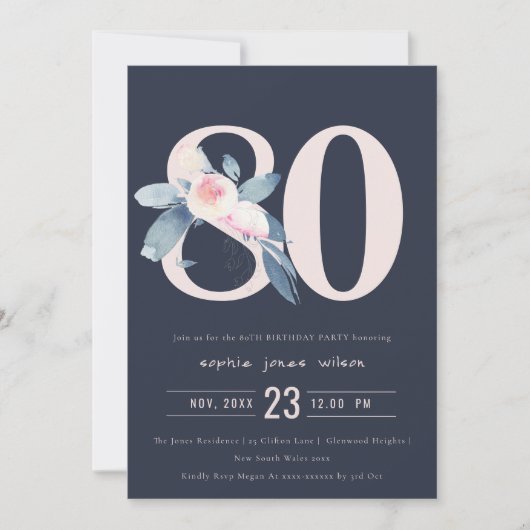 SOFT NAVY BLUSH BLUE FLORAL 80 TH ELKE LEEFTIJD BI KAART (Voorkant)