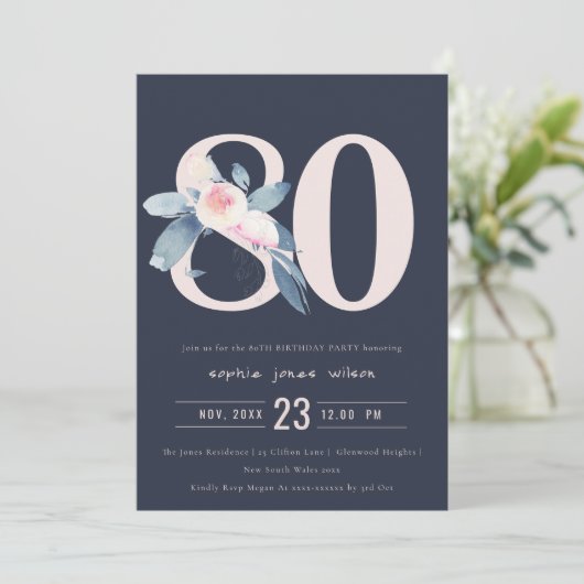 SOFT NAVY BLUSH BLUE FLORAL 80 TH ELKE LEEFTIJD BI KAART (Staand voorkant)