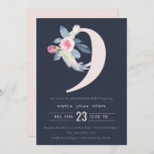 SOFT NAVY BLUSH BLUE FLORAL 9TH ELKE LEEFTIJD BIRT KAART (Voorkant / Achterkant)