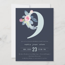 SOFT NAVY BLUSH BLUE FLORAL 9TH ELKE LEEFTIJD BIRT KAART