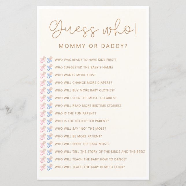 Soft Neutral Baby shower Raad eens wie spel (Voorkant)