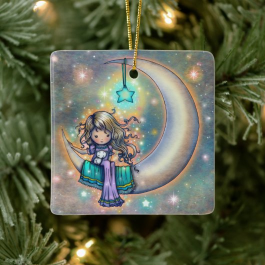 Soft Night Little Girl and Kittens on Moon Keramisch Ornament (Boom)