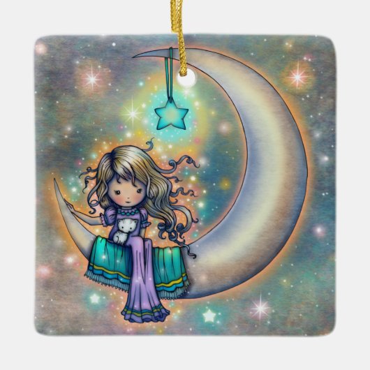 Soft Night Little Girl and Kittens on Moon Keramisch Ornament (Voorkant)