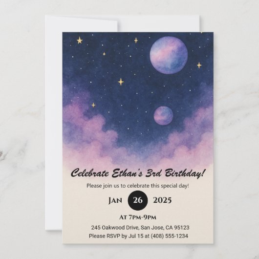 Soft Night Sky with Planets and Clouds Birthday Kaart (Voorkant)