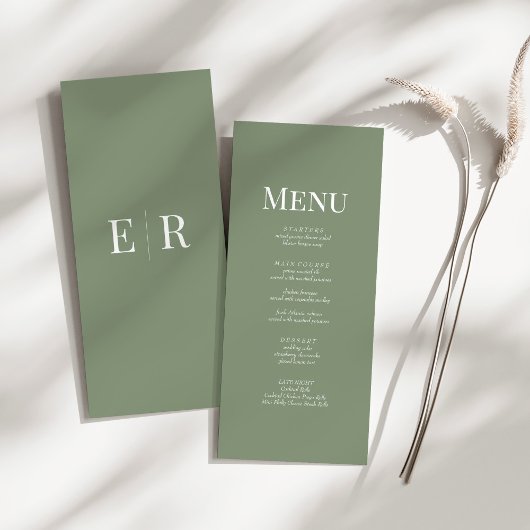 Soft Olive Green Monogram Wedding Menu Kaart