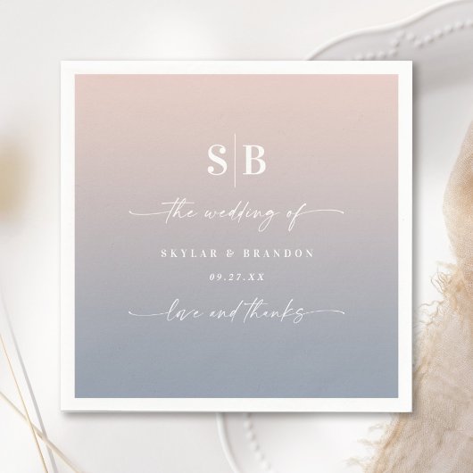 Soft Ombre Blush Pink Dusty Blue Wedding Monogram Servet