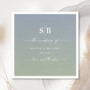 Soft Ombre Dusty Blue Leaf Green Wedding Monogram Servet