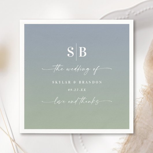 Soft Ombre Dusty Blue Leaf Green Wedding Monogram Servet