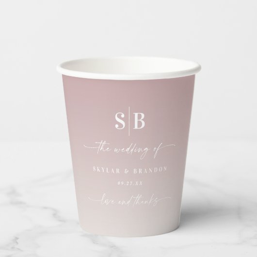 Soft Ombre Mauve Pink & Gardenia Wedding Monogram Papieren Bekers (Achterkant)
