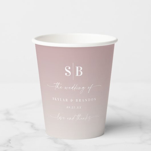 Soft Ombre Mauve Pink & Gardenia Wedding Monogram Papieren Bekers (Voorkant)