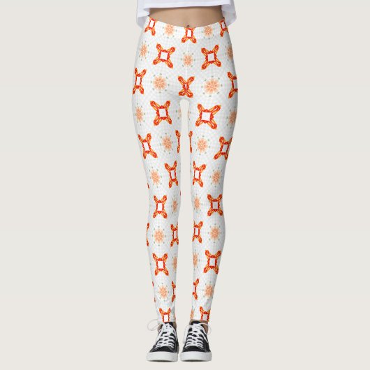 Soft Orange-Red Floral & Frame Pattern Leggings (Voorkant)
