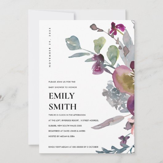 SOFT PAARS LILA FLORAL BABY SHOWER INVITE BEDANKKAART (Voorkant)