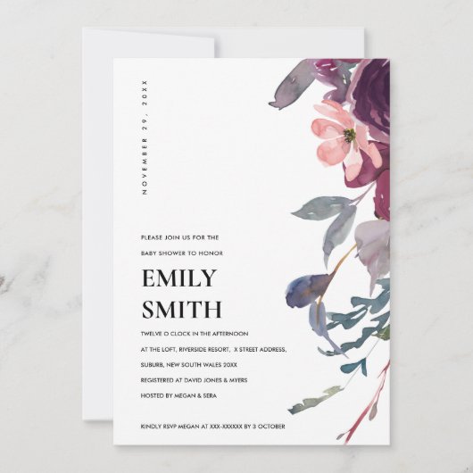 SOFT PAARS LILA FLORAL BABY SHOWER INVITE BEDANKKAART (Voorkant)