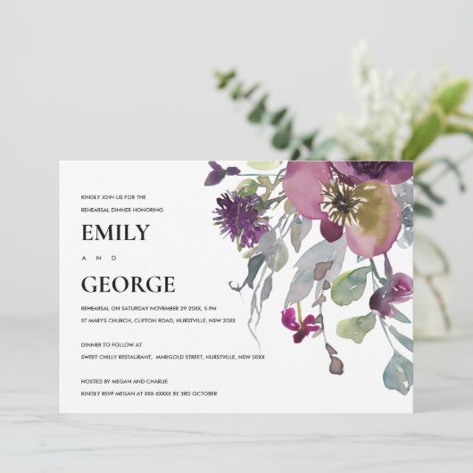 SOFT PAARSE LILA FLORALE REHEARSAL DINNER INVITE BEDANKKAART (Staand voorkant)