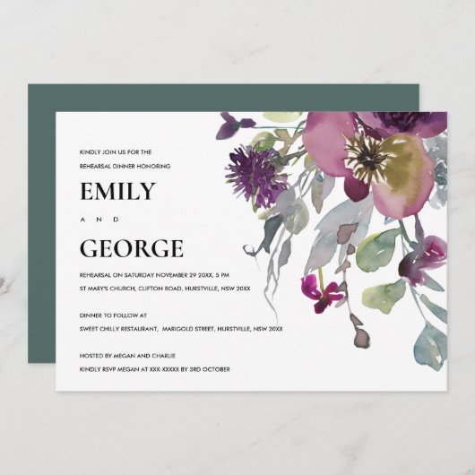 SOFT PAARSE LILA FLORALE REHEARSAL DINNER INVITE BEDANKKAART (Voorkant / Achterkant)