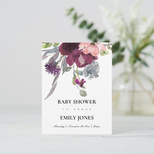 SOFT PAARSE LILA WATERVERF FLORAL BABY SHOWER UITNODIGING BRIEFKAART (Staand voorkant)
