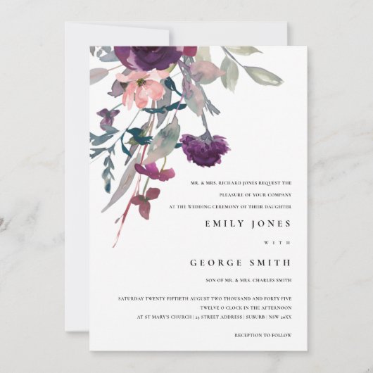 SOFT PAARSE LILA WATERVERF FLORAL WEDDING INVITE BEDANKKAART (Voorkant)