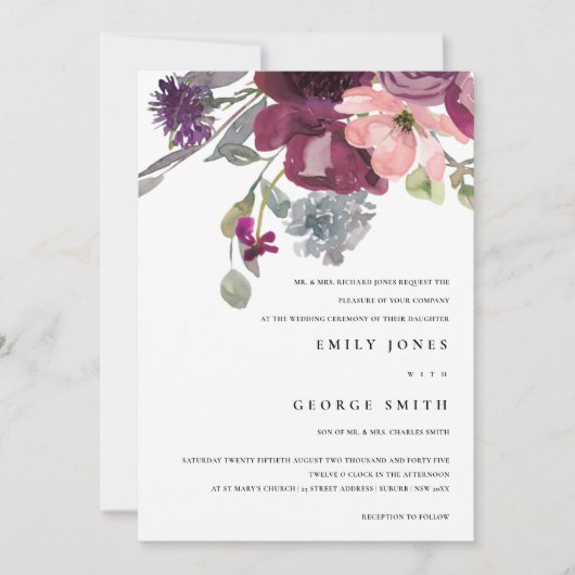 SOFT PAARSE LILA WATERVERF FLORAL WEDDING INVITE BEDANKKAART (Voorkant)