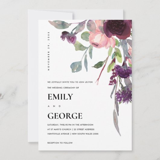 SOFT PAARSE LILA WATERVERF FLORAL WEDDING INVITE BEDANKKAART (Voorkant)