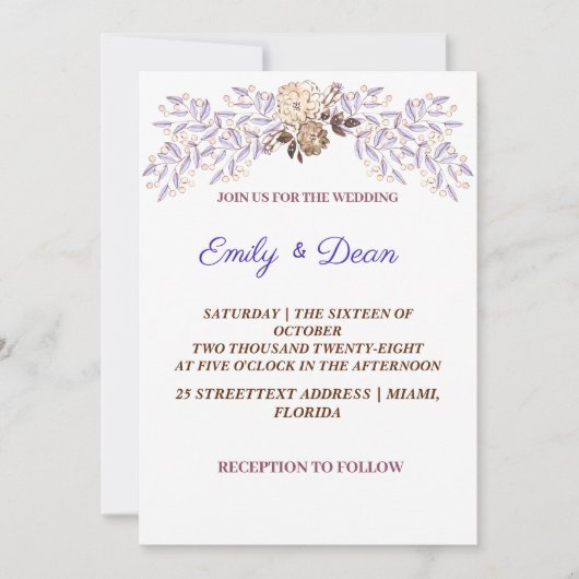 Soft Paarse Waterverf Floral Wedding Invitation Kaart (Voorkant)