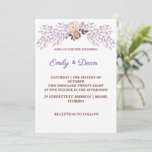 Soft Paarse Waterverf Floral Wedding Invitation Kaart (Staand voorkant)