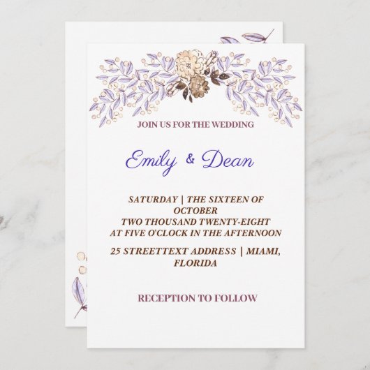 Soft Paarse Waterverf Floral Wedding Invitation Kaart (Voorkant / Achterkant)