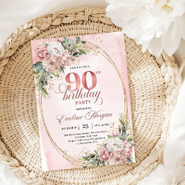 Soft Pale Pink Gold Greenery 90th Birthday Invites Kaart