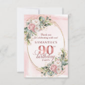 Soft Pale Pink Gold Greenery 90th Birthday Thanks Bedankkaart (Voorkant)